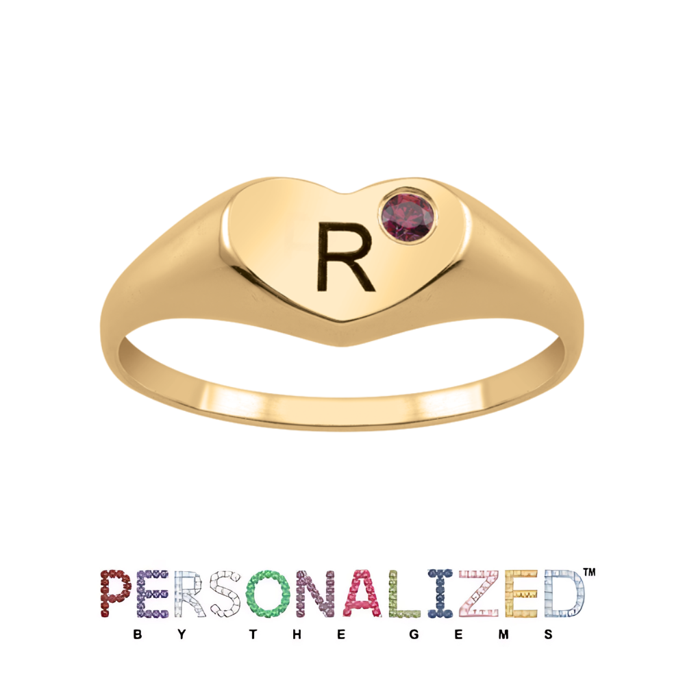 Gemstone Engravable Initial Heart-Shaped Signet Ring (1 Stone and